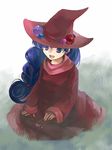  :d dress flower full_body hat jewelry kaito_(sawayakasawaday) kneeling long_hair monster_maker open_mouth purple_eyes purple_hair rufia_(monster_maker) smile solo very_long_hair witch witch_hat 