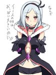  black_choker breasts choker eas elbow_gloves fresh_precure! gloves hairband higashi_setsuna hyakuen_raitaa medium_breasts midriff navel precure red_eyes shorts silver_hair solo translated 