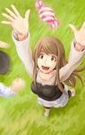  arms_up ayase_asagi brown_eyes brown_hair candy casual food highres long_hair marsh_(artist) open_mouth smile solo yotsubato! 