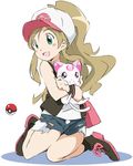  :d baseball_cap blush brown_hair cosplay exposed_pocket face green_eyes hat hummy_(suite_precure) long_hair minamino_kanade open_mouth poke_ball pokemon pokemon_(game) pokemon_bw ponytail precure short_shorts shorts simple_background smile solo suite_precure touko_(pokemon) touko_(pokemon)_(cosplay) umanosuke 