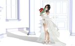  3d bad_id bad_pixiv_id black_eyes black_hair bride clothes door dress flower high_heels highres house panties red_flower red_rose rose shoes solo underwear window 