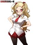  blonde_hair chemical-x copyright_request glasses necktie pantyhose pleated_skirt red_eyes skirt solo 
