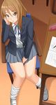  between_thighs brown_eyes brown_hair desk extra k-on! long_hair loose_socks open_mouth pinkwaters school_desk school_uniform shoes sitting skirt socks solo tachibana_himeko uwabaki 