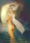  angel_wings ariverkao ass blonde_hair breasts brown_eyes covering covering_breasts head_wings lips looking_back nude original short_hair sideboob small_breasts solo wings 