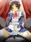  apron apron_lift blush bow brown_eyes brown_hair crossdressing finger_to_mouth hand_under_clothes hand_under_skirt jewelry kl leg_grab little_busters! maid maid_headdress male_focus multiple_boys naoe_riki natsume_kyousuke otoko_no_ko pink_bow ribbon short_hair skindentation spread_legs straddling tears thighhighs yaoi 