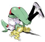  blonde_hair blue_tongue buruma forked_tongue green_skin gym_uniform headstand kneehighs mahito_(tranjistor) monster_girl original scales slit_pupils solo tongue tongue_out twintails upside-down yellow_eyes yellow_sclera 