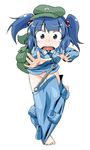  backpack bag barefoot blue_eyes blue_hair censored convenient_censoring hair_bobbles hair_ornament hat kawashiro_nitori key kusaba_(kusabashiki) no_panties open_clothes open_skirt skirt skirt_pull solo stepping_on_clothes touhou tripping two_side_up wardrobe_malfunction wrench 