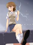  bad_id bad_pixiv_id brown_eyes brown_hair crossed_legs electricity misaka_mikoto school_uniform shigen short_hair sitting skirt solo sweater_vest to_aru_kagaku_no_railgun to_aru_majutsu_no_index 