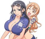  2girls bikini_top black_hair breasts brown_hair dark_hair female hug kenix large_breasts long_hair multiple_girls nami nami_(one_piece) nico_robin one_piece orange_hair sabaody_archipelago simple_background sunglasses sunglasses_on_head tattoo zipper 