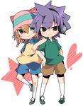  2boys brown_hair hat headphones inazuma_eleven inazuma_eleven_(series) kita_p matsuno_kuusuke multiple_boys narukami_kenya purple_hair soccer_uniform sportswear 