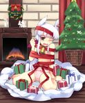  animal_ears barefoot bell bell_collar bow bow_panties bunny_ears christmas christmas_tree collar fireplace gift highres naked_ribbon one_eye_closed open_mouth original panties pink_panties ribbon solo topless underwear usa_(yamai) wavy_mouth yamai 