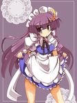  :&lt; alternate_costume clothes_grab cosplay crescent crescent_hair_ornament doily enmaided hair_ornament hat izayoi_sakuya izayoi_sakuya_(cosplay) long_hair maid maid_headdress patchouli_knowledge purple_eyes purple_hair shirogane_(platinum) solo touhou 