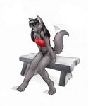  bench black_hair breasts canine claws clothing cute cutoffs dog female green_eyes grey hair long_black_hair long_hair looking_at_viewer midriff navel raised_tail shorts sitting skimpy smile solo spark sparkle_(artist) tail tailwag tube_top 