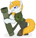  bazooka blue_eyes boots camo equine friendship_is_magic hair horn horns horse male mammal my_little_pony pony ranged_weapon rocket_launcher soldier solo unknown_artist weapon 