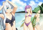  antenna_hair apokaridebu ar_tonelico ar_tonelico_i ar_tonelico_ii ar_tonelico_iii beach bikini blue_eyes braid flat_chest floral_print frelia green_hair green_wings long_hair multiple_girls print_sarong purple_eyes purple_hair sarong short_hair shurelia silver_hair swimsuit tilia white_sarong wings yellow_eyes 