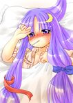  bad_id bad_pixiv_id bed blanket blush crescent crescent_hair_ornament fever hair_ornament lying mouth_hold no_hat no_headwear patchouli_knowledge pillow purple_hair sakura_(doors) solo sweat thermometer touhou under_covers 