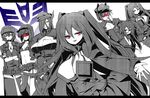  astrotrain bad_id bad_pixiv_id blitzwing breasts decepticon dutch_angle emblem genderswap genderswap_(mtf) jimpota large_breasts letterboxed monochrome multiple_girls personification red_eyes shockwave_(transformers) skywarp soundwave spot_color starscream thighhighs thundercracker transformers yellow_eyes 