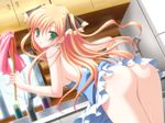  akebi_yusa apron ass blonde_hair blush breasts canvas_3 green_eyes hair_ribbon highres kitchen looking_back medium_breasts naked_apron no_bra no_panties ribbon sideboob solo tanihara_natsuki 