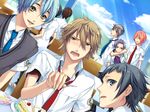  amaha_tsubasa aozora_hayato artist_request blue_neckwear blush brown_hair cake character_request dress_shirt dutch_angle food formal fruit game_cg indoors kanakubo_homare kinose_azusa male_focus miyaji_ryunosuke multiple_boys necktie plate red_legwear shiranui_kazuki shirt starry_sky_(game) strawberry suit table upper_body white_shirt window 