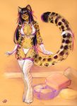  big_tail bra breasts cleavage cushion feline glasses leopard lingerie panties pose solo standing stockings tail thumbclawz underwear wide_hips 