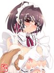  bad_id bad_pixiv_id blush breastless_clothes breasts brown_hair cum elbow_gloves face facial gloves hands heart heart_hands icing large_breasts maid maid_headdress mel/a messy navel nipples original red_eyes saionji_mikoto sexually_suggestive solo 