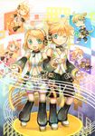  1girl absurdres aqua_eyes arm_warmers bad_id bad_pixiv_id bare_shoulders blonde_hair brother_and_sister chibi closed_eyes crossed_arms detached_sleeves fingerless_gloves gloves hair_ornament hair_ribbon hairclip headphones highres holding_hands kagamine_len kagamine_len_(append) kagamine_rin kagamine_rin_(append) leg_warmers monokuroito nail_polish navel one_eye_closed open_mouth ribbon short_hair shorts siblings smile twins vocaloid vocaloid_append 
