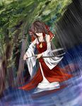  ascot bow brown_eyes brown_hair detached_sleeves error hair_bow hair_ornament hakurei_reimu highres katana long_hair metalwasabi rain river scabbard seppuku sheath solo suicide sword tears touhou wading water waterfall weapon wet 