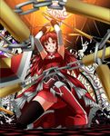  armpits arms_up black_legwear blurry boots bow chain depth_of_field detached_sleeves food foreshortening grin hair_bow hullzion knee_boots long_hair mahou_shoujo_madoka_magica one_knee pocky ponytail red_eyes red_hair sakura_kyouko skirt smile solo thighhighs zettai_ryouiki 