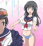  :&lt; black_eyes black_hair blue_panties blush bow bow_panties brown_eyes commentary_request flower green_eyes hair_flower hair_ornament hairband head_wreath long_hair marugoshi_teppei midriff multiple_girls navel no_pants open_mouth panties pleated_skirt sakugawa_school_uniform saten_ruiko school_uniform serafuku short_hair skirt to_aru_kagaku_no_railgun to_aru_majutsu_no_index translated uiharu_kazari underwear 