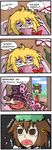  4koma blonde_hair bottle bow brown_hair chen comic commentary earrings eyebrows eyes fang finnish gap hangover hat jewelry multiple_girls multiple_tails non-web_source setz tail thick_eyebrows touhou translated vomit yakumo_yukari 