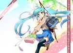  amanattou aqua_eyes aqua_hair bag bow cameo gachapin handbag hatsune_miku hirake!_ponkikki keychain long_hair mouth_hold paper school_bag school_uniform skirt solo thighhighs twintails twirl_baton very_long_hair vocaloid zettai_ryouiki 