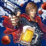  alcohol apple beer blonde_hair cape cloud food fruit gun handgun i_wanna_be_the_guy male_focus pistol solo the_kid weapon yorubehakiete_tenohiragaeshi 