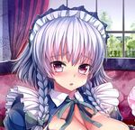  bad_id bad_pixiv_id blush braid breasts breasts_outside cleavage curtains face izayoi_sakuya large_breasts maid_headdress pink_eyes portrait shirakaba short_hair solo touhou twin_braids white_hair window 