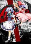  blood blood_on_face blue_eyes blue_hair harukatron hat heterochromia highres izayoi_sakuya knife maid maid_headdress multiple_girls red_eyes remilia_scarlet silver_hair touhou 