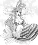  arm_support arm_up bikini_top blush breasts breasts_apart bubble curvy earrings fish greyscale hair_rings hanzaki_jirou huge_breasts jewelry long_hair md5_mismatch mermaid monochrome monster_girl navel one_piece open_mouth scales seashell shell shirahoshi sitting solo sweat tears wavy_hair 