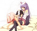  animal_ears arm_support ass bad_id bad_pixiv_id bare_shoulders barefoot bed bent_over black_hair black_legwear bunny_ears bunny_tail fumei_(mugendai) inaba_tewi kneepits looking_back mouth_hold multiple_girls off_shoulder purple_hair red_eyes reisen_udongein_inaba sitting skirt skirt_lift tail thighhighs touhou yuri zettai_ryouiki 
