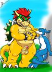  balls blush bowser butt claws digimon face_markings flamedramon gay glenn horns imminent_sex koopa male muscles nude penis red_eyes reptile scalie spikes standing tail 