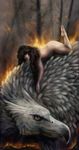  beak brown_hair feathers female feral fire forest foxbane gryphon hair human long_hair mammal tree wood yellow_eyes 