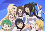  1boy 6+girls bare_shoulders black_hair blonde_hair blue_eyes brown_hair cecilia_alcott charlotte_dunois eyes_closed fang glasses green_eyes green_hair hair_ribbon headband highres huang_lingyin infinite_stratos long_hair multiple_girls nohotoke_honne open_mouth orimura_ichika oversized_clothes pink_hair ponytail ribbon shinonono_houki short_hair short_twintails sleeves_past_wrists smile twintails uniform wink yamada_maya_(infinite_stratos) 