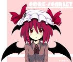  alternate_costume ascot bat_wings brooch dress_shirt earrings english hat hayate-s head_wings highres jewelry koakuma pink_hair red_eyes red_hair shirt short_hair solo touhou upper_body wings 