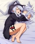  animal_ears animal_hood barefoot cat_ears cat_hood closed_eyes ebs eyepatch hood infinite_stratos laura_bodewig long_hair lying on_bed on_side open_mouth pillow silver_hair sleeping solo thigh_strap 