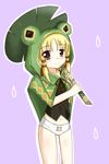  animal_costume blonde_hair capelet felyne frog_costume front-print_panties highres hood kazari_s leaf_umbrella monster_hunter monster_hunter_portable_3rd moriya_suwako no_pants panties print_panties pyonta short_hair solo touhou underwear white_panties 