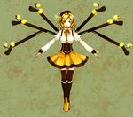  beret blonde_hair boots corset detached_sleeves drill_hair fake_wings fingerless_gloves gloves gun hat light_particles magical_girl mahou_shoujo_madoka_magica outstretched_arms puffy_sleeves rifle sai-sai solo thighhighs tomoe_mami weapon wings yellow_eyes zettai_ryouiki 