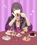  bad_id bad_pixiv_id black_eyes black_hair blonde_hair blue_hair brown_hair cake candy cupcake estellise_sidos_heurassein food fruit ice_cream judith long_hair male_focus mgg_(x_arte) patty_fleur pink_hair purple_background rita_mordio star strawberry striped striped_background tales_of_(series) tales_of_vesperia yuri_lowell 