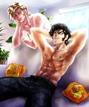  asuka_ryou black_eyes black_hair blonde_hair blue_eyes chips couch devilman eye_contact eyebrows food fudou_akira looking_at_another male_focus multiple_boys shirtless short_hair sideburns smile st_(d_uk_mk_kkmg) 