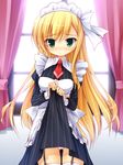  blonde_hair blush dress dress_lift garter_straps green_eyes kanemoto_akari long_hair maid noble_works panties pink_panties solo thighhighs underwear very_long_hair white_legwear yuku_(kiollion) 