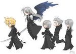  blonde_hair blue_eyes chibi cloud_strife duplicate final_fantasy final_fantasy_vii green_eyes kadaj katana long_hair loz multiple_boys sephiroth short_hair silver_hair sword toujou_sakana weapon wings yazoo 