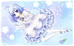  ahoge bad_id bad_pixiv_id between_fingers blue_eyes blue_hair blush card cardfight!!_vanguard dress flower gloves hair_flower hair_ornament highres holding holding_card jewelry kouta. necklace pantyhose ribbon sendou_aichi shadow short_hair solo star white_dress white_gloves white_legwear 