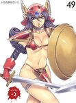  armor bikini_armor choker dragon_quest dragon_quest_iii elbow_gloves gloves helmet highres long_hair mizuryuu_kei no_panties pov purple_eyes purple_hair queen's_blade red_armor shield soldier_(dq3) solo sword thigh_strap weapon winged_helmet 