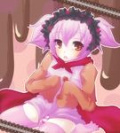  cape charlotte_(madoka_magica) kneeling long_sleeves lowres mahou_shoujo_madoka_magica open_mouth panties personification pink_hair pink_legwear red_eyes short_twintails solo striped striped_panties thighhighs twintails underwear 